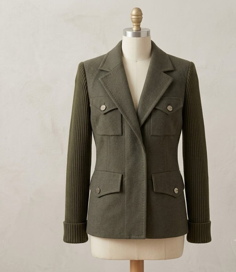 Escada Sport Green Knit Sleeve Utility Safari Jacket Blazer Coat Size 12